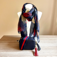 Genoa Bag, Navy Shimmer Leaf Scarf, Strap & Tassel