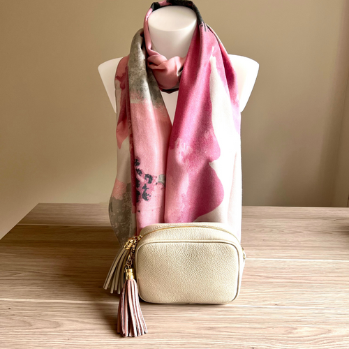 Genoa Bag, Grey/pink Soft Scarf, & Tassel